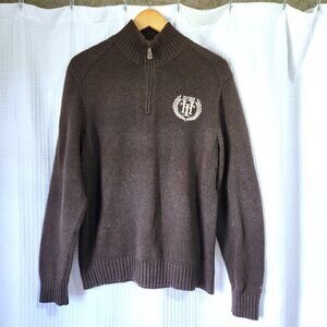 Tommy Hilfiger Sweater Size Medium Knit Brown 1/4 Zip Pullover Patched Elbows